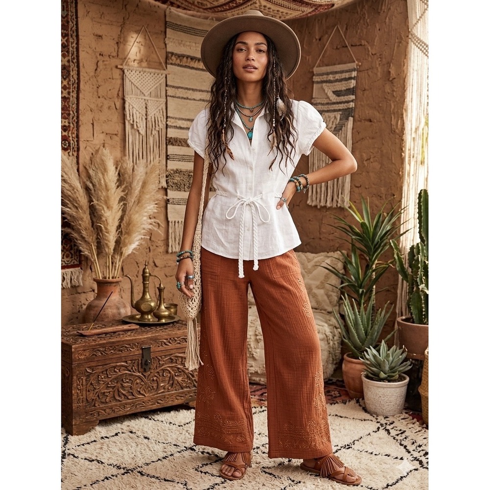 E-col-o-gie White 100% Linen Button Down Braided Trim Tie Waist Shirt Womens L